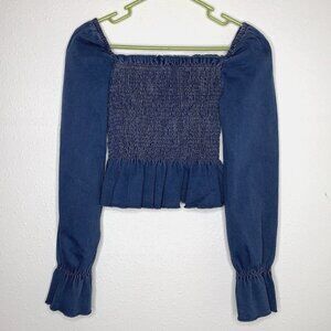 MEBON Smock Denim PEPLUM CROP TOP M Milkmaid Peasant Cowgirl Western Cottagecore